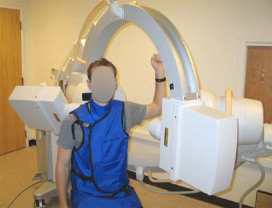 Figure 8 Dual plane fluoroscopic imaging system shown with a subject in the central viewing volume with the shoulder in 90° abduction with maximum external rotation.