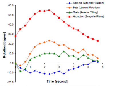 Figure 29 Euler angular rotations of the glenoid normalized to the initial position and humeral abduction / adduction relative to the vertical versus the cycle time. Error bars not shown because they are too small to clearly render.