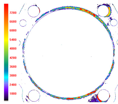 Fig 1: Pressure Distribution Using Fuji Prescale Film after Topaq Analysis with Bolts Torqued to 0.69 kilogram-force meter