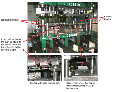 Figure 1: The 400-ton pressure testing setup shows the die components and bumper blocks.