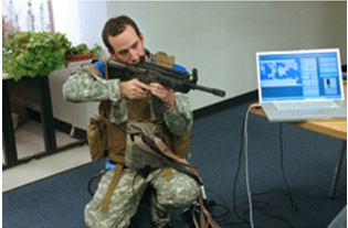 Soldier and rifle with vest and body armor being tested by sensor software.