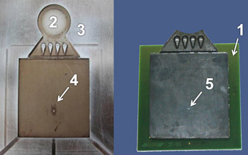 Figure 1: Upper mold tool (left), overmolded PCB substrate with film gate.