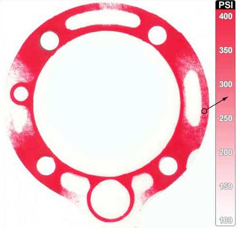 Pressure sensor film reveals gaskets uneven pressure distribution