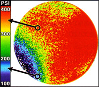 This photo shows Pressurex's visual analysis of where pressure, measured in pounds per square inch (psi), was unevenly distributed in a compact.