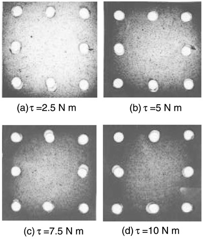 Fig. 5. Developed image patterns of pressure-measuring films under different magnitudes of torque.