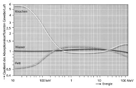 Abb. 13: Absorptionscharakteristika fr verschiedene Gewebe als Funktion der Energie der Photonenstrahlung (Kauffmann et al., 2001).