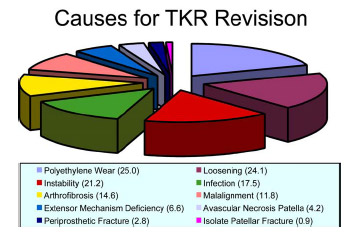 Figure 2-2: Adapted from Sharkey et al. (2002). Pie graph depicting the causes of TKR revision in a study of 212 total knees requiring revision within the first 3 years post-implantation. Percentages are given in ( ). The summed percentage exceeded 100% because more than one cause was seen in many revised knees.