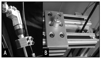 Figure B-2: (A) The Long Lay conduit was rigidly mounted to the femoral rod and allowed to pass freely above the drill chuck holding the segment in place. (B) A redesigned pelvic block allowed Long Lay conduit to pass unimpeded through the segment.