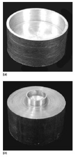 Fig. 4 AISI 1018 cold-drawn steel cup after lapping and polishing: (a) reports the large contact area cup (nominally 75.40 mm2) and (b) the small contact area cup (nominally 13.35 mm2)