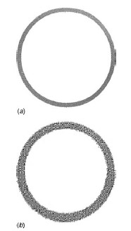 Fig. 6 Typical pattern generated by pressure-sensitivite film placed between the ring and the disk of the friction pair; (a) represents a large contact area pair (nominally 75.40 mm) and (b) a small contact area pair (nominally 13.35 mm). Both images show a uniform shaded area, which corresponds to uniform pressure on the contact area.