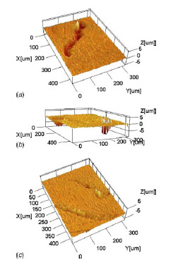 Fig. 22 Surface profiles of the small contact area brass specimen after the high-pressure friction test. The images show regions where material appears to have been gouged out leading to excessive surface damage.