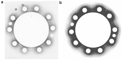 Fig. 3. High (a) and medium (b) pressure sensitive paper after pressure application at 300 N m bolt torque.