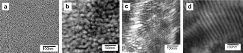 Fig. 1. TEM micrographs of (a) Nafion and fluorous block copolymers: (b) disordered morphology, (c) perforated lamellae morphology and (d) lamellae morphology.