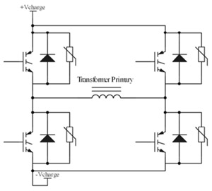 Figure. 2. Schematic of the H-bridge switch plate. Additionally, 60 F is across the voltage buses on each switch plate. The existing flat-pack version does not include parallel MOVs.