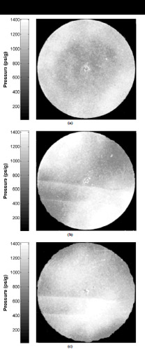 Figure 6. Measured pressure distribution on the (a) top of the IGBT face, (b) bottom of the IGBT face with first clamping scheme, and (c) bottom of the IGBT face with shim inserted above bottom clamping bar.