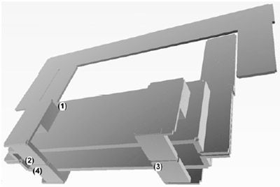 Figure 7. Geometry utilized for FE simulations. One shoot through path is defined as current flowing from (1) to (2) to (4) to the IGBT on other side of the H-bridge. A normal conduction path is from (1) to (2) through the primary to (3) to IGBT on the other side of the H-bridge.