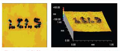 The letters 'LCLS' were etched into boron carbide during tests to prepare the X-ray laser for user science. The image to the right reveals the letters' depth. (Image courtesy the LCLS scientific team, and taken at LLNL according to Hau-Riege.)