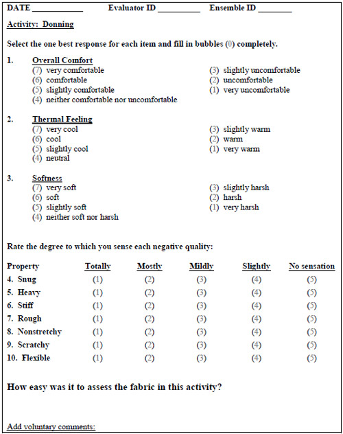 Figure 27: Wear Test Evaluation Form for Activities