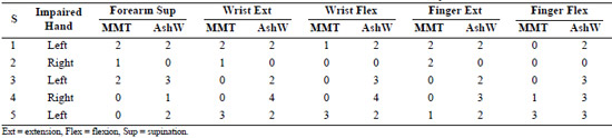 Table 1. Clinical assessment of manual muscle test (MMT) and Modified Ashworth Scale scores (AshW) for subjects (S) with stroke.