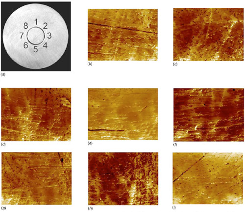 Fig. 21 Surface profiles at eight different locations of the small contact area brass specimen after the high-pressure friction test: (a) shows the locations in which the surface is scanned and (b)–(i) represent an area of 430 μm by 320 μm. (b) Location 1, (c) Location 2, (d) Location 3, (e) Location 4, (f) Location 5, (g) Location 6, (h) Location 7, (i) Location 8.